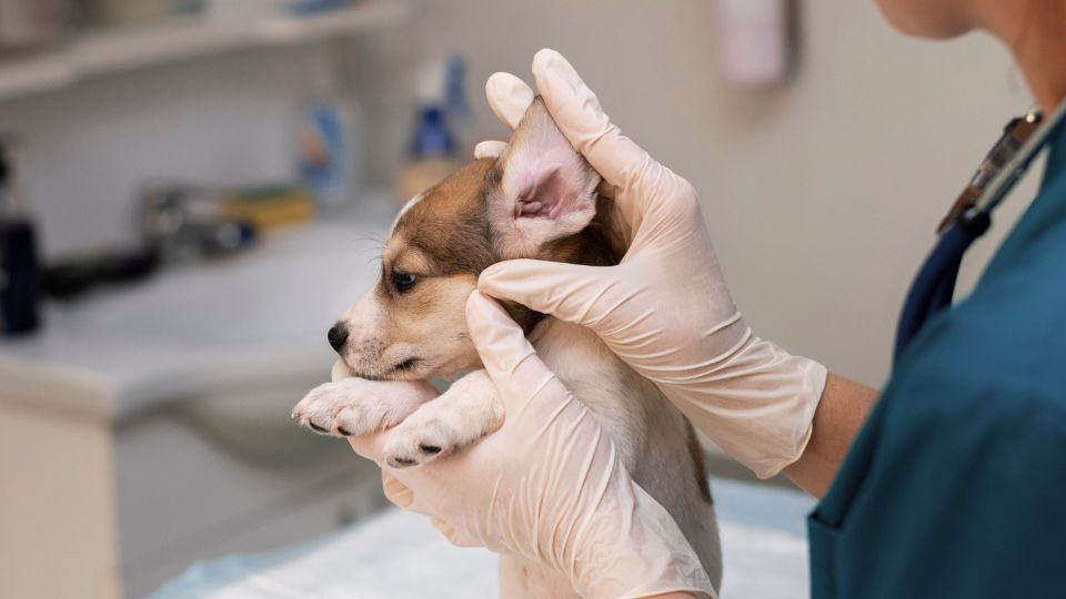 Vet looking at a puppy's ear
