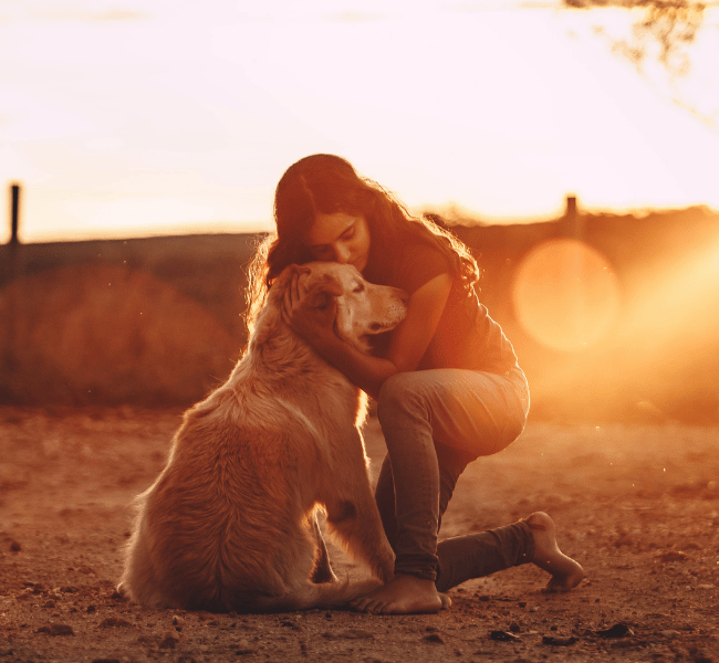 woman hugging a dog during sunset
